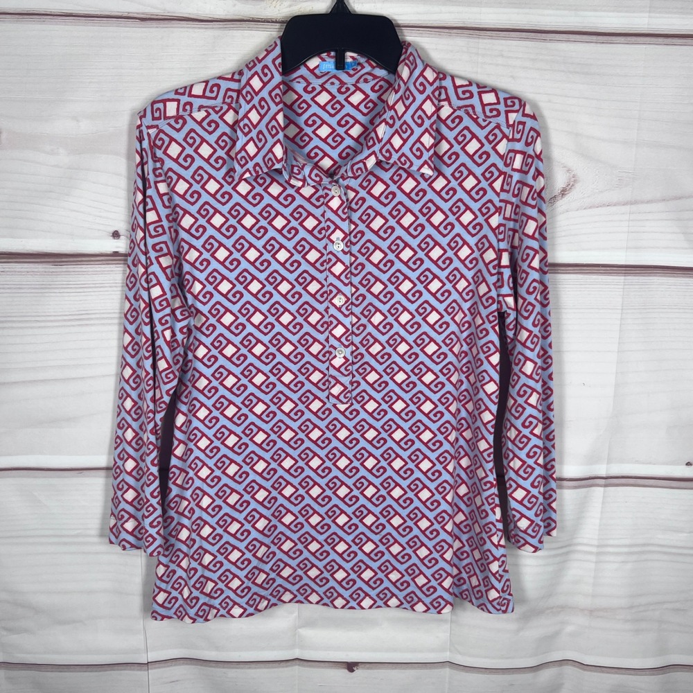 J. McLaughlin Top Women M Blue Geometric Shirt 3/4 Sleeve Preppy Knit Stretch